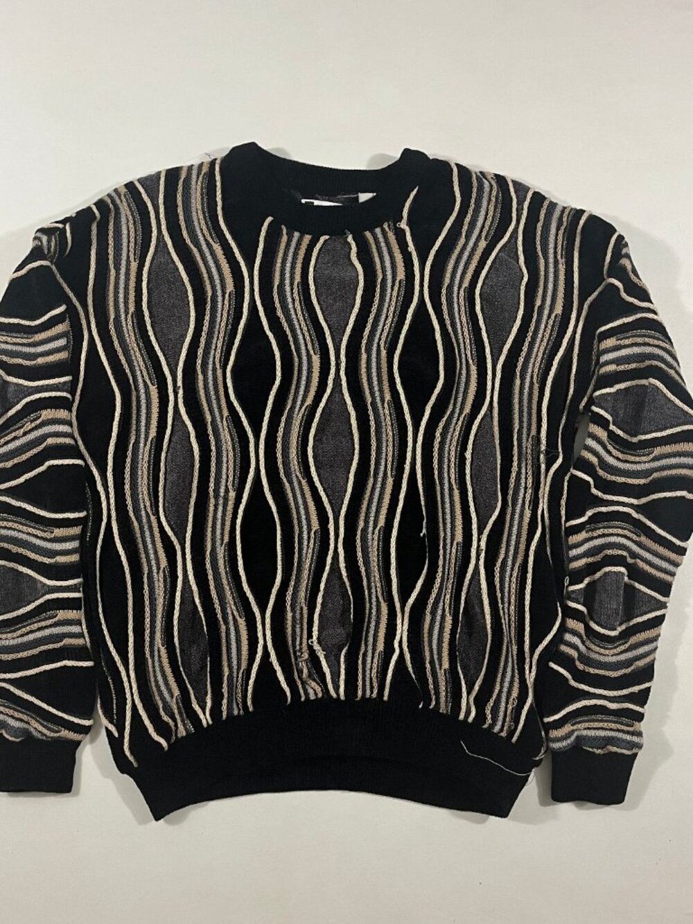 Vintage Bachrach Coogi Style 3D Textured Wavy Knit Crewneck Sweater Black Cream